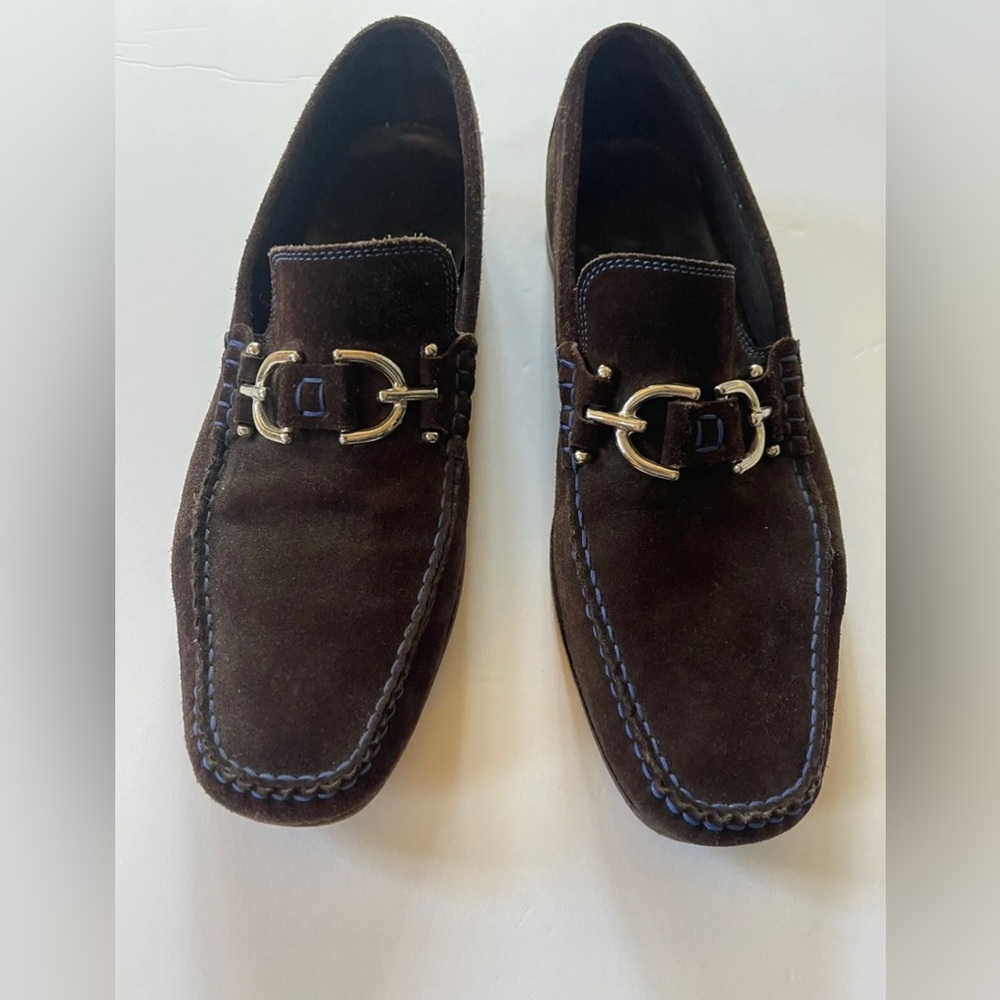 Donald J. Pliner Brown Suede Loafers with Brass Bit
